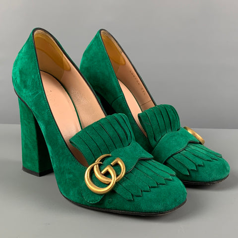 GUCCI GG Marmont 2.0 Talla 7.5 Zapatos de tacón grueso con flecos de ante verde