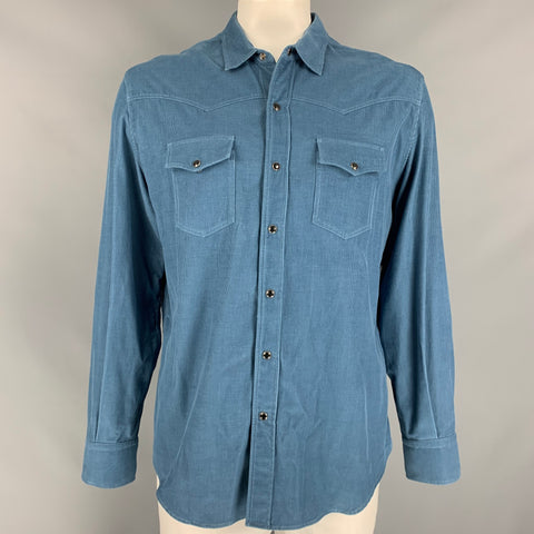BERLUTI Size XL Blue Corduroy Cotton Western Long Sleeve Shirt
