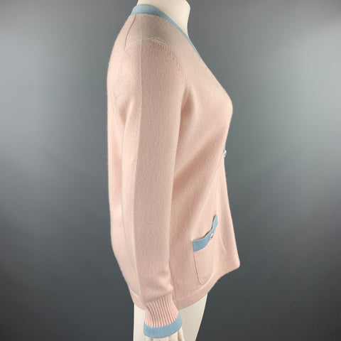 CHANEL Size 10 Pink Knitted Blue Trim Cashmere Cardigan