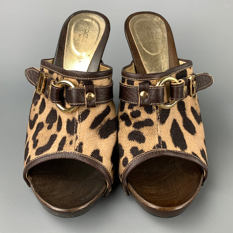 DOLCE &amp; GABBANA Taille 10 Sandales sabots en cuir et toile marron et beige