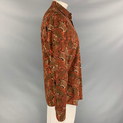BURBERRY PRORSUM Fall 2008 Size L Brown & Black Leaf Print Cotton Button Down Long Sleeve Shirt