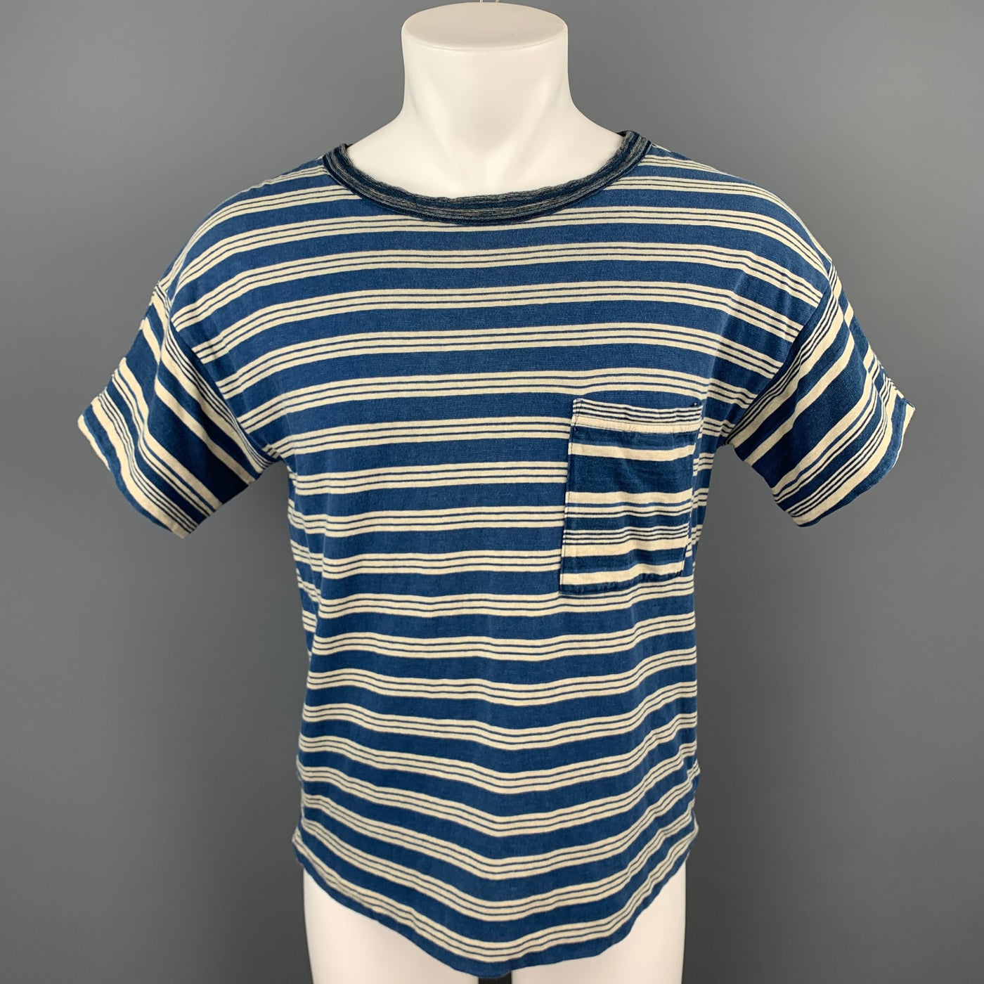 KAPITAL Size S Indigo Stripe Cotton Boat Neck T-shirt