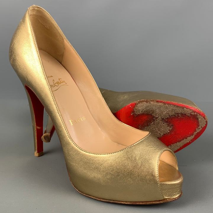 CHRISTIAN LOUBOUTIN Size 6.5 Gold Leather Peep Toe Pumps