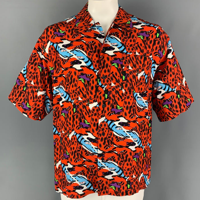 MARNI x BRUNO B BONETTO Size M Orange Black & Blue Print Viscose Camp Short Sleeve Shirt
