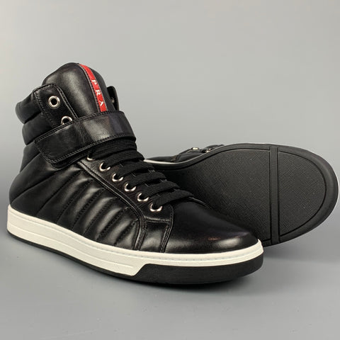 PRADA Size 10.5 Black Quilted Leather High Top Sneakers