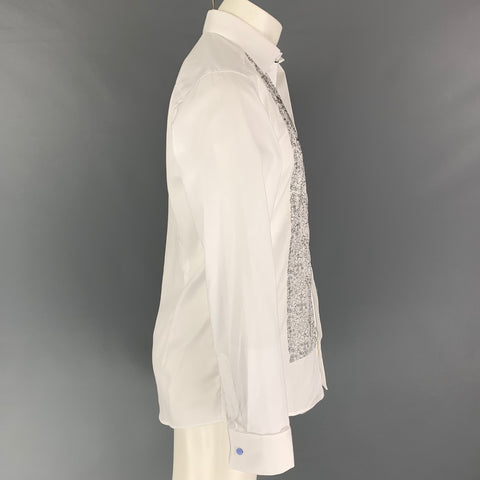 ETON Taille M Blanc Gris Broderie Coton Français Manchette Chemise À Manches Longues