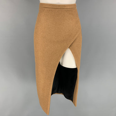 LAQUAN SMITH Falda de tubo con frente abierto y talle alto en mezcla de lana hervida color camel Talla XS