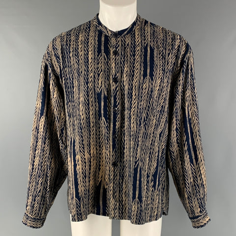 KAPITAL Size S Navy Cream Herringbone Cotton Nehru Collar Long Sleeve Shirt