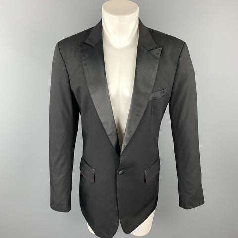CUSTOM MADE Size 38 Black Solid Wool Peak Lapel Sport Coat