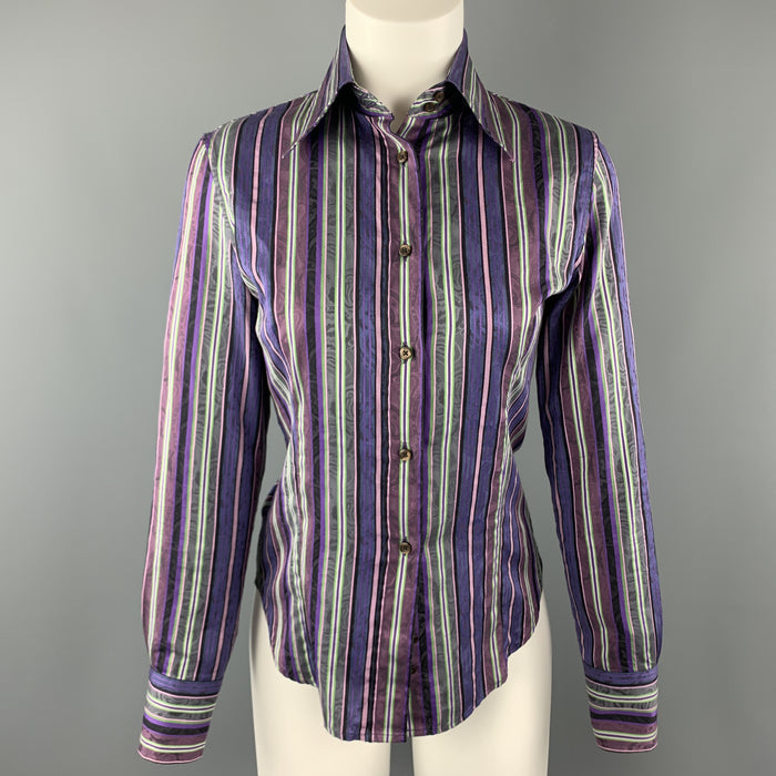 ETRO Size M Purple & Green Striped Cotton Blouse