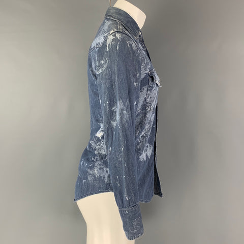 ROEBUCKS Size S Blue White Paint Splatter Denim Western Long Sleeve Shirt