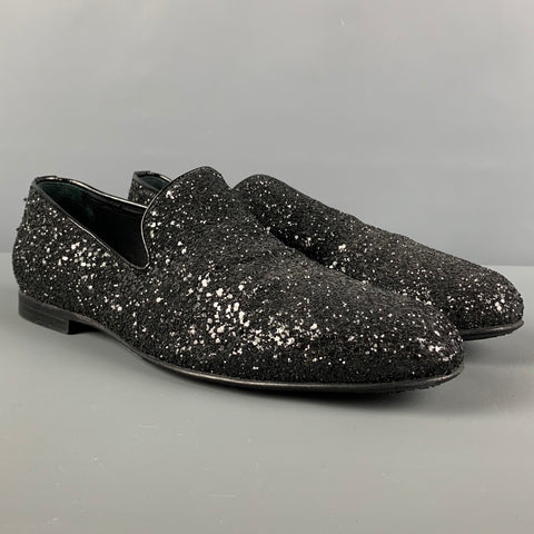 JIMMY CHOO Size 8 Black Glitter Leather Slip On Loafers