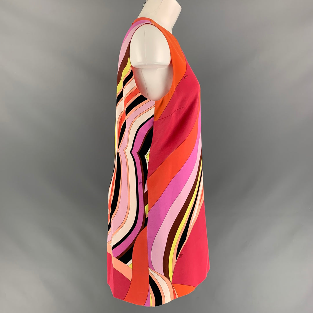 EMILIO PUCCI Size 10 Orange Multicolour Silk Abstract Below Knee Cocktail Dress