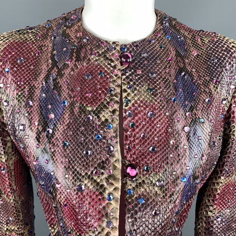 BILL BLASS Size 8 Pink & Purple Rhinestone Snake Skin Cropped Jacket