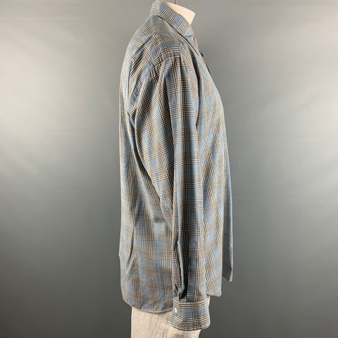 FACONNABLE Size XXL Blue Grey Glenplaid One pocket Long Sleeve Shirt