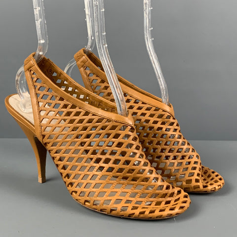 CELINE Size 8 Tan Woven Leather Slingback Pumps