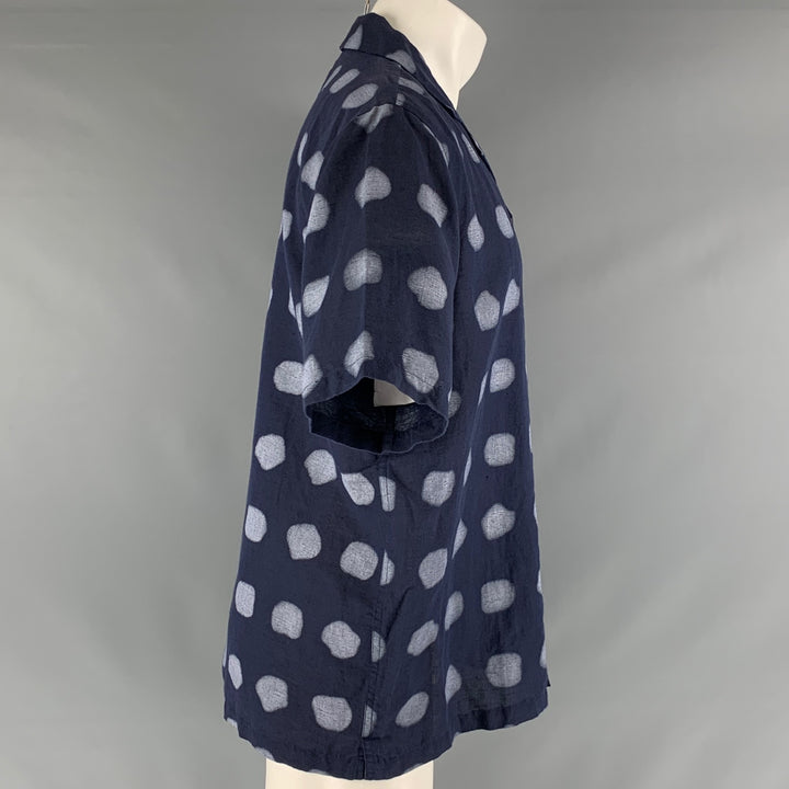 FOLK Size S Navy Dots Linen Cotton Camp Short Sleeve Shirt