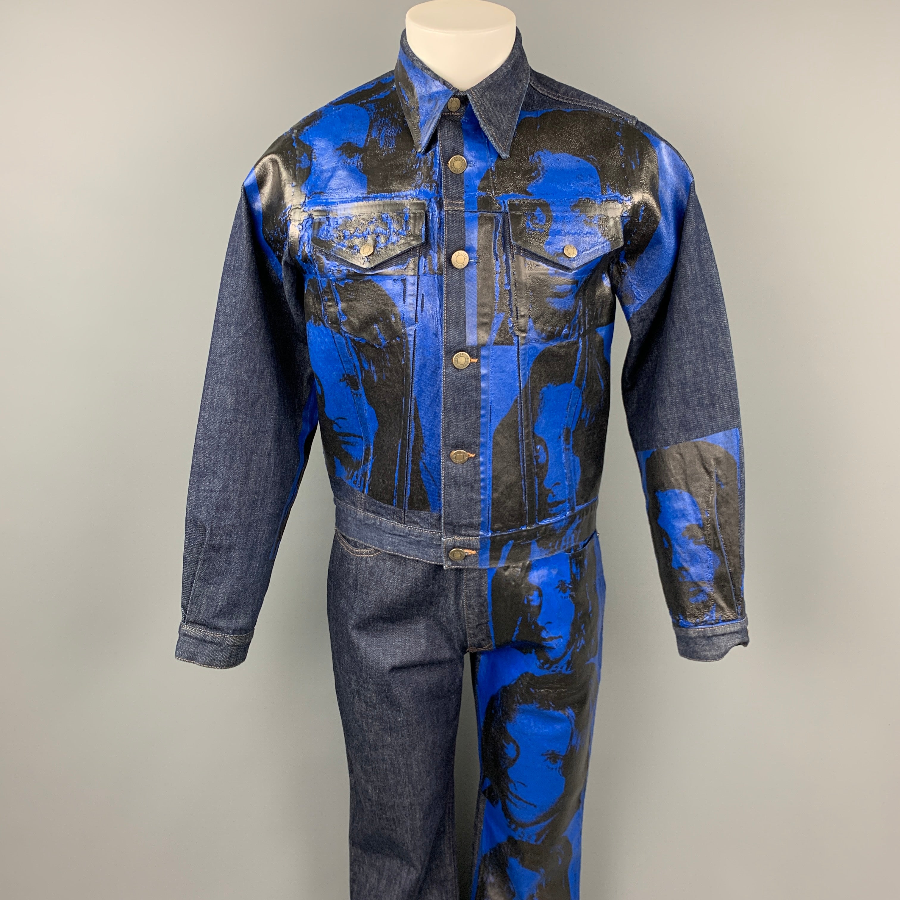 CALVIN KLEIN 205W39NYC by RAF SIMONS x Andy Warhol Size M Indigo & Blue  Sandra Brant Painted Cotton Denim Set