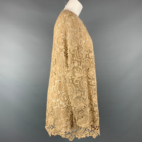 RALPH LAUREN Black Label Size 12 Beige Lace Textured Cotton Leather Trim Cardigan