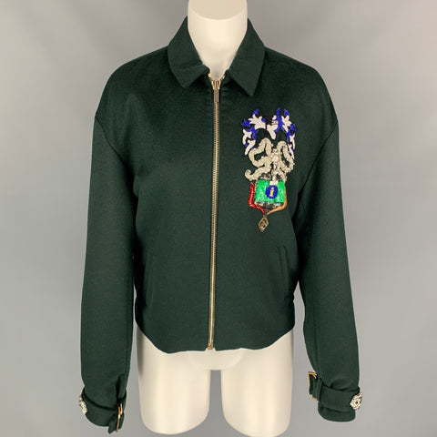 MARY KATRANTZOU Size 6 Dark Green Sequined Virgin Wool Embroidered Crest Jacket