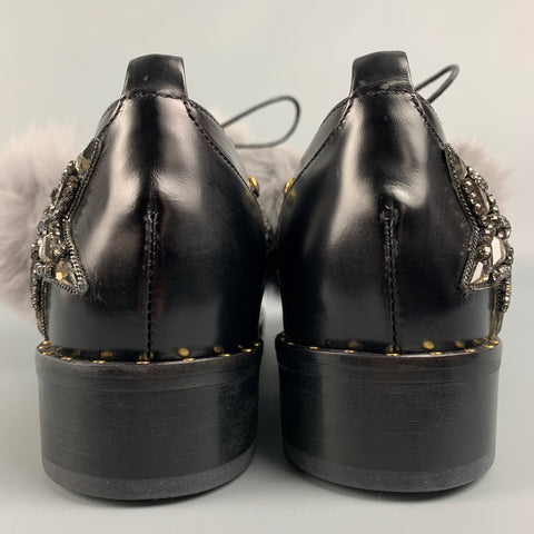 IVY KIRZHNER Size 7.5 Black & Silver Leather Rhinestones Pom Pom Barnum Laces