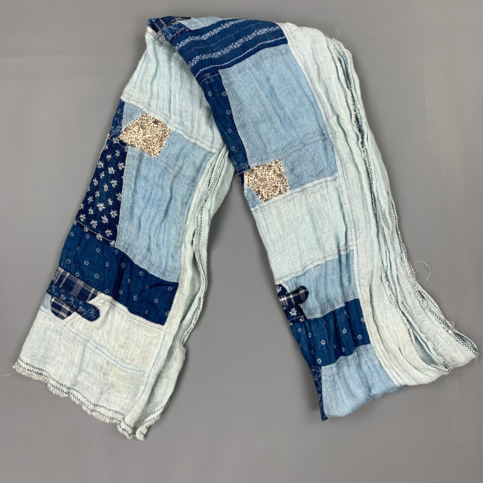 KAPITAL Light Blue Patchwork Linen / Cotton Raw Edged Scarf