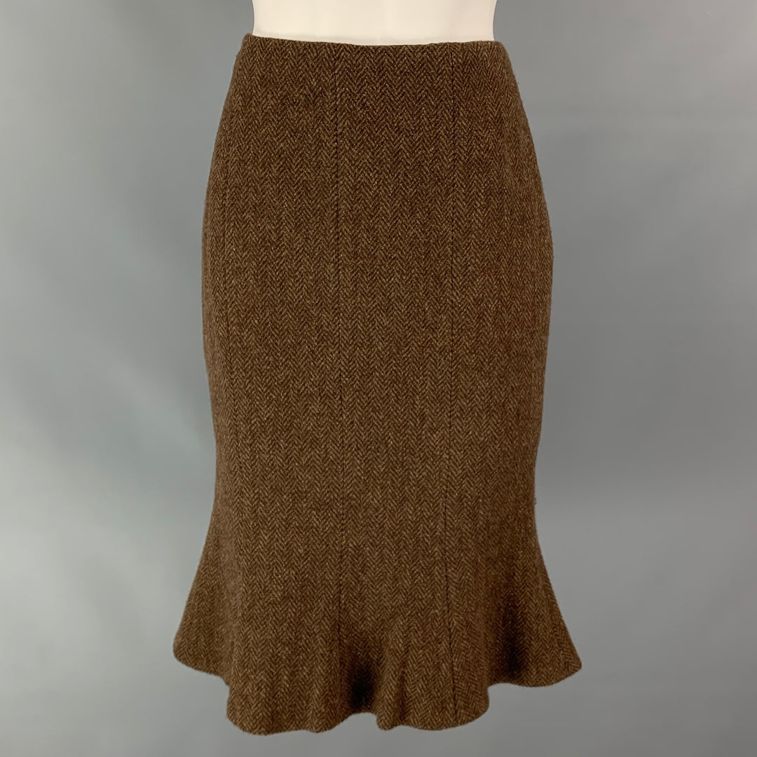 RALPH LAUREN Black Label Talla 6 Traje de falda de lana / cachemir en espiga marrón y gris pardo