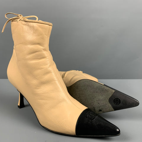 CHANEL Size 9 Beige Black Leather Cap Toe Boots