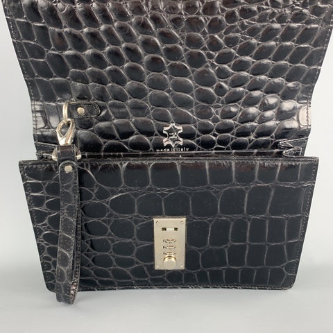 PRATESI Mini pochette en cuir noir brillant gaufré