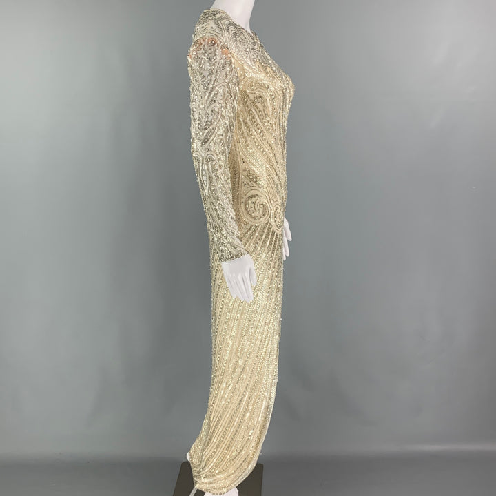 Vintage BOB MACKIE Size 6 Cream Silver Silk Beaded Long Sleeve Dress