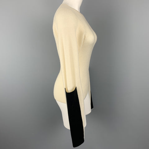 JOSEPH Size S Beige Merino Wool Waffel Knit Black Sleeve Pullover