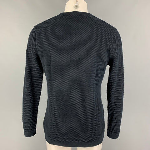 THEORY Size M Navy Waffle Knit Cotton Crew-Neck Pullover