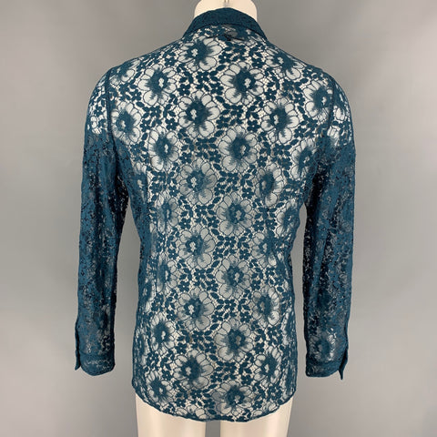 GUCCI S/S 16 Size L Teal Sheer Lace Polyamide Blend Long Sleeve Shirt