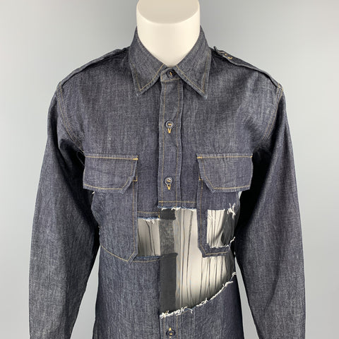 MAISON MARGIELA Size 0 Navy Denim Mesh Trim Oversized Shirt