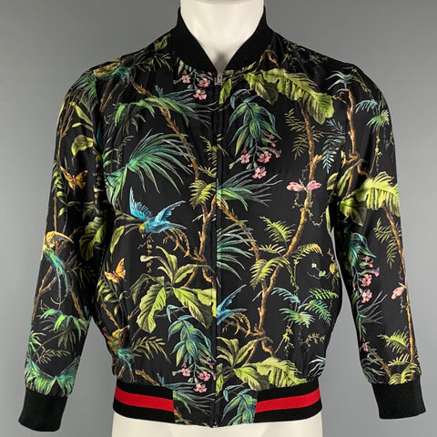 GUCCI Size XS Black Green Forest Jungle Graphic Silk Bomber Jacket