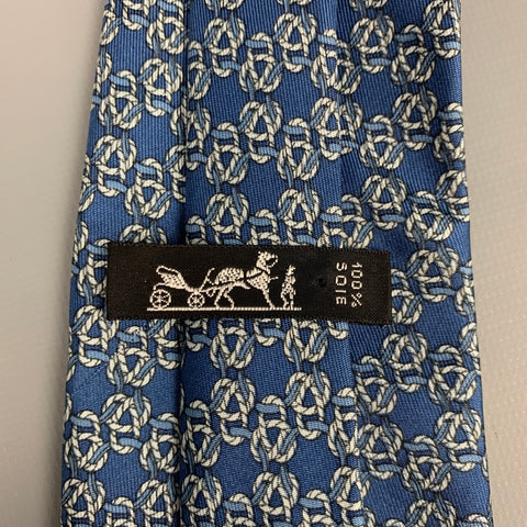 HERMES 792 MA  Blue & Cream Knot Print Silk Tie