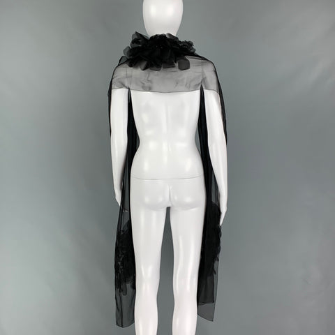 CHANEL Black Silk Large Floral Applique Rhinestone Scarf