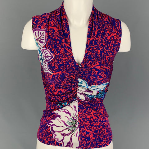 ETRO Size 4 Coral Blue Viscose Abstract Sleeveless Casual Top