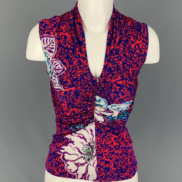 ETRO Size 4 Coral Blue Viscose Abstract Sleeveless Casual Top