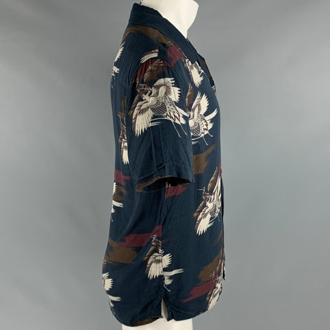 PAIGE Size M Navy Multi-Color Birds Rayon Short Sleeve Shirt