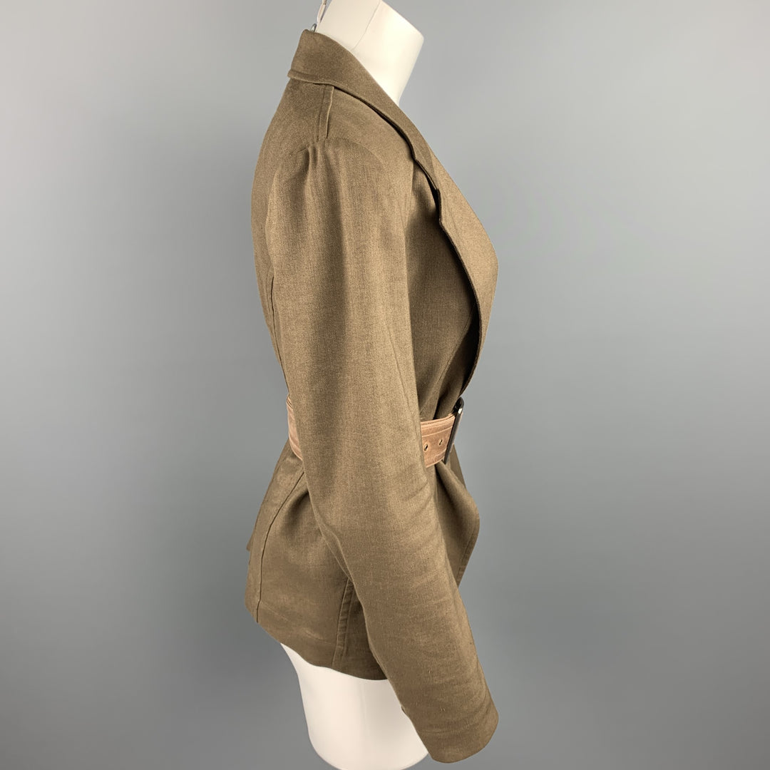 DONNA KARAN Size 4 Olive Twill Wool / Linen Belted Jacket Blazer