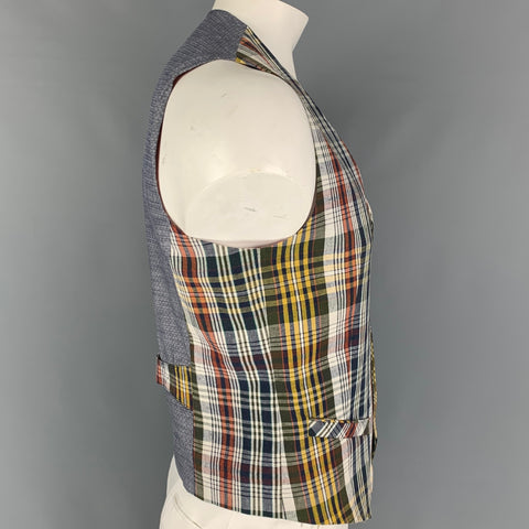 TED BAKER Size L Multi-Color Plaid Cotton Linen Buttoned Vest
