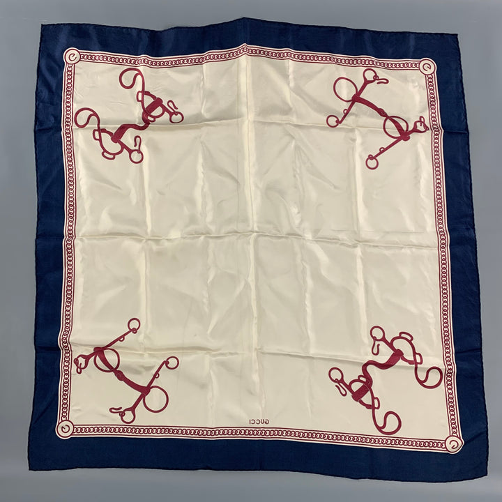 Vintage GUCCI Cream Navy Burgundy Equestrian Silk Twill Scarf