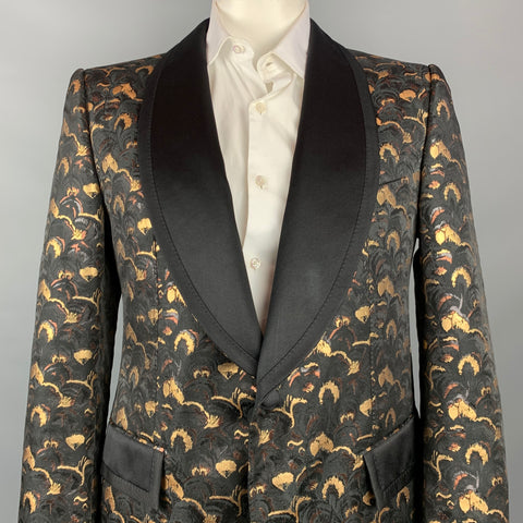 DOLCE & GABBANA Size 44 Regular Black & Gold Jacquard Polyester Blend Shawl Collar Sport Coat