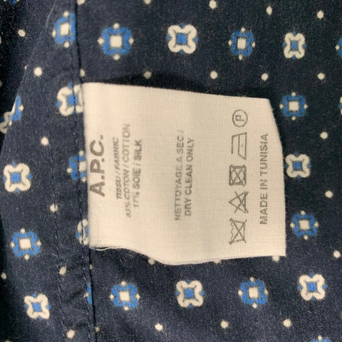 A.P.C. Size L Navy Geometric Cotton &  Silk Button Down Short Sleeve Shirt