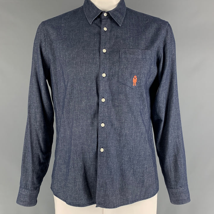 WALTER VAN BEIRENDONCK Size XL Navy Orange Embroidery Cotton Long Sleeve Shirt