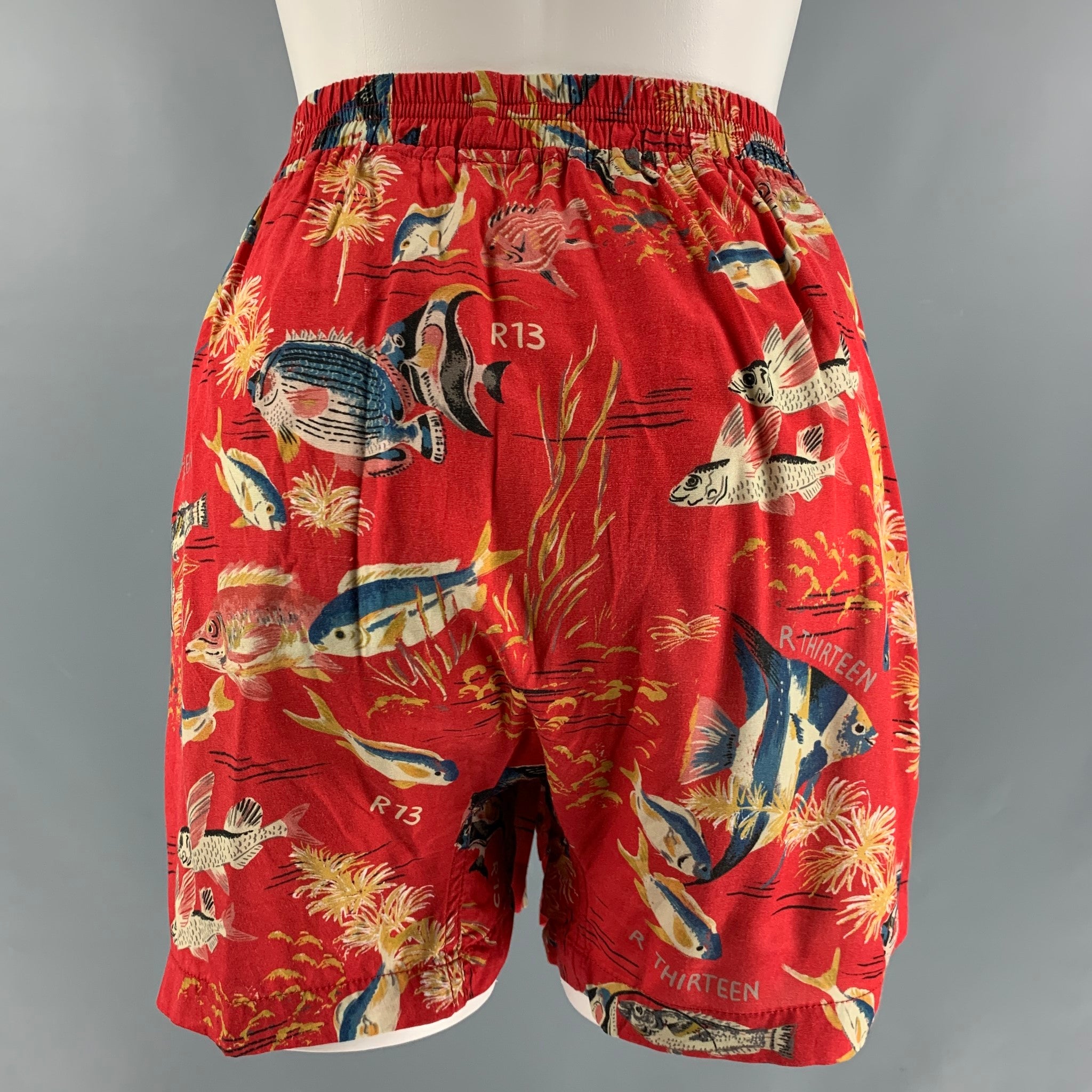 R13 Size L Red Viscose Tropical Fish Print Shorts Sui Generis