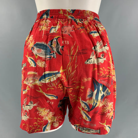 R13 Size L Red Viscose Tropical Fish Print Shorts