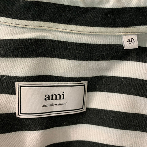 AMI ALEXANDRE MATTIUSSI Size M  Black White Vertical Stripe Viscose Button Up  Long Sleeve Shirt