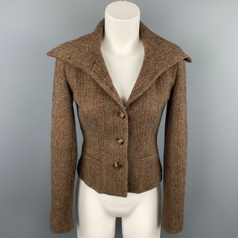 RALPH LAUREN Black Label Taille 2 Veste à col haut en laine d'agneau en tweed marron
